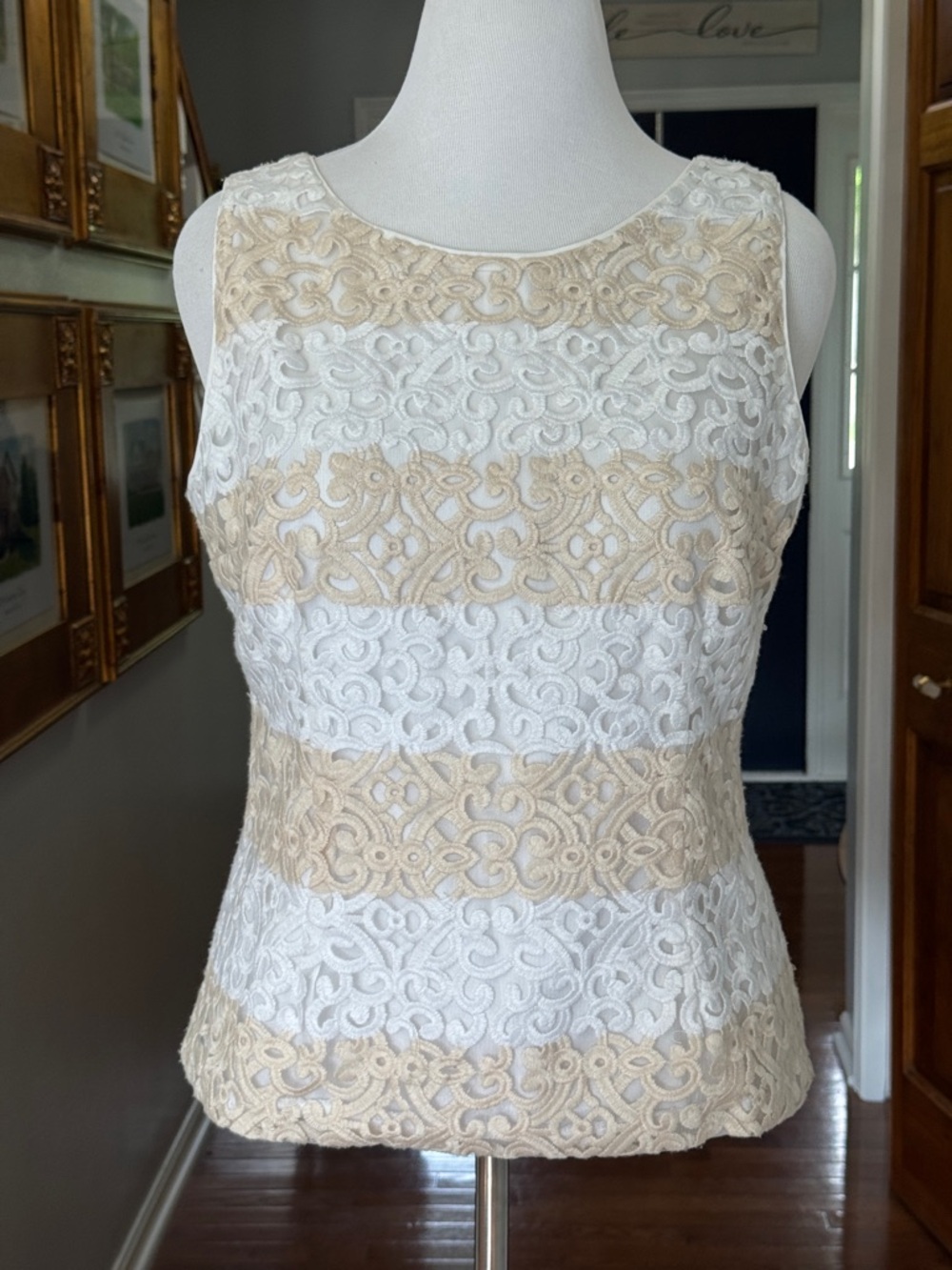 White House Black Market Stripe Lace Top White Shell Tan 14